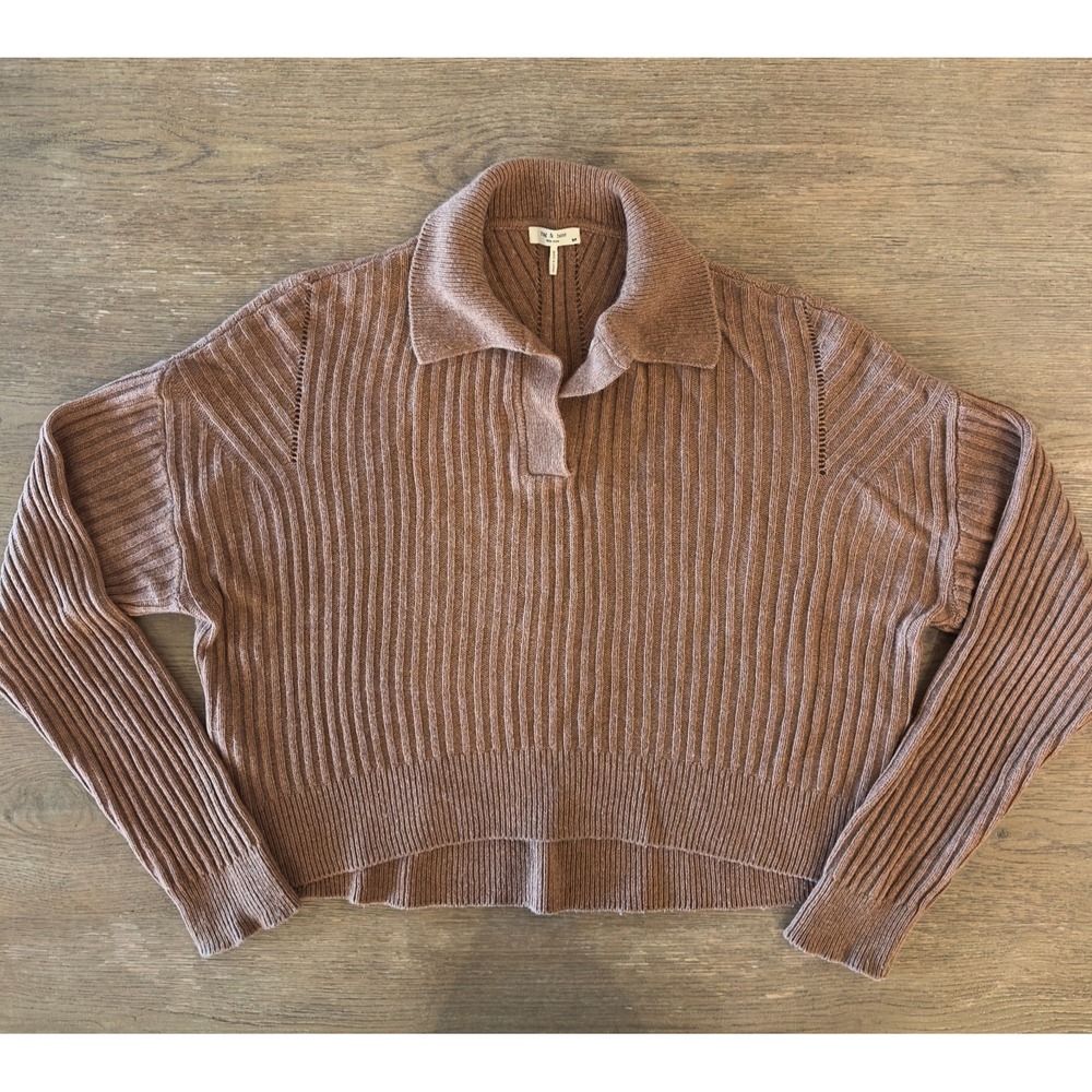Rag & Bone New York-Maxine Ribbed Merino Wool Blend Polo Sweater-Camel-Women's S - Picture 8 of 16